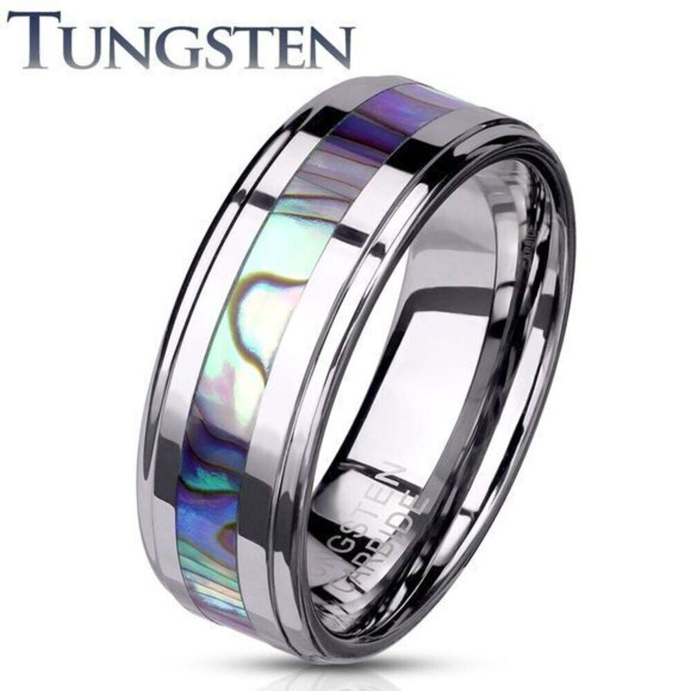 New Tungsten carbide Abalone Inlay Center Stepped‎ Edges Ring,8 6mm width